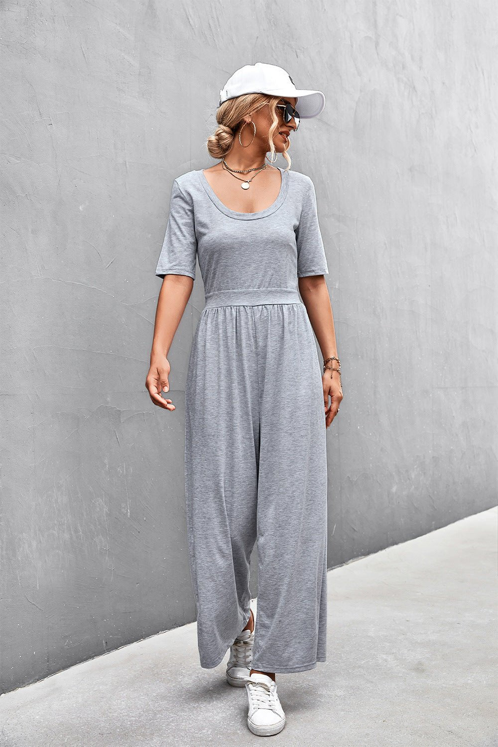 Scoop Neck Half Sleeve Wide Leg Jumpsuit - Shah S. Sahota