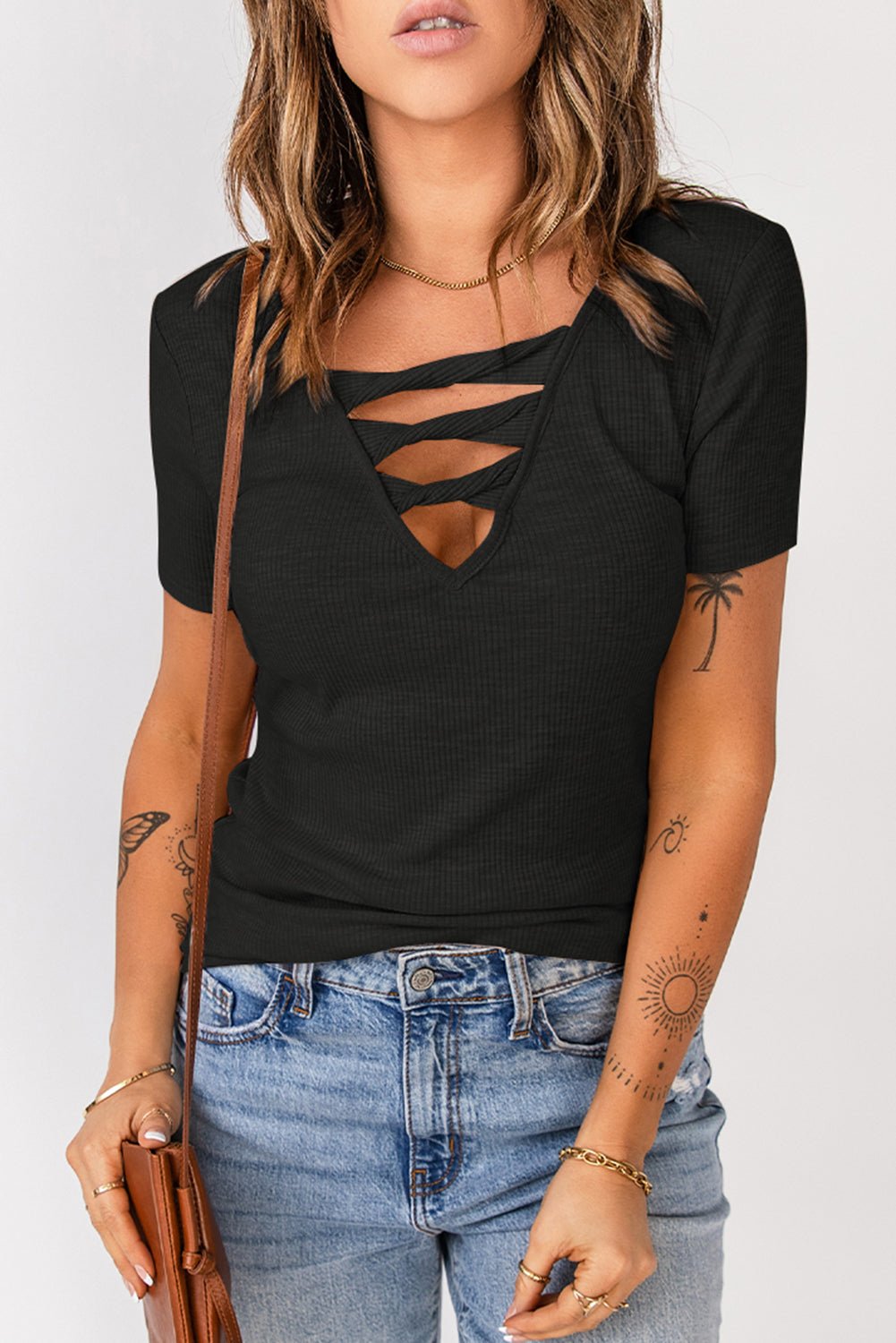 Strappy Ribbed Knit T-Shirt - Shah S. Sahota