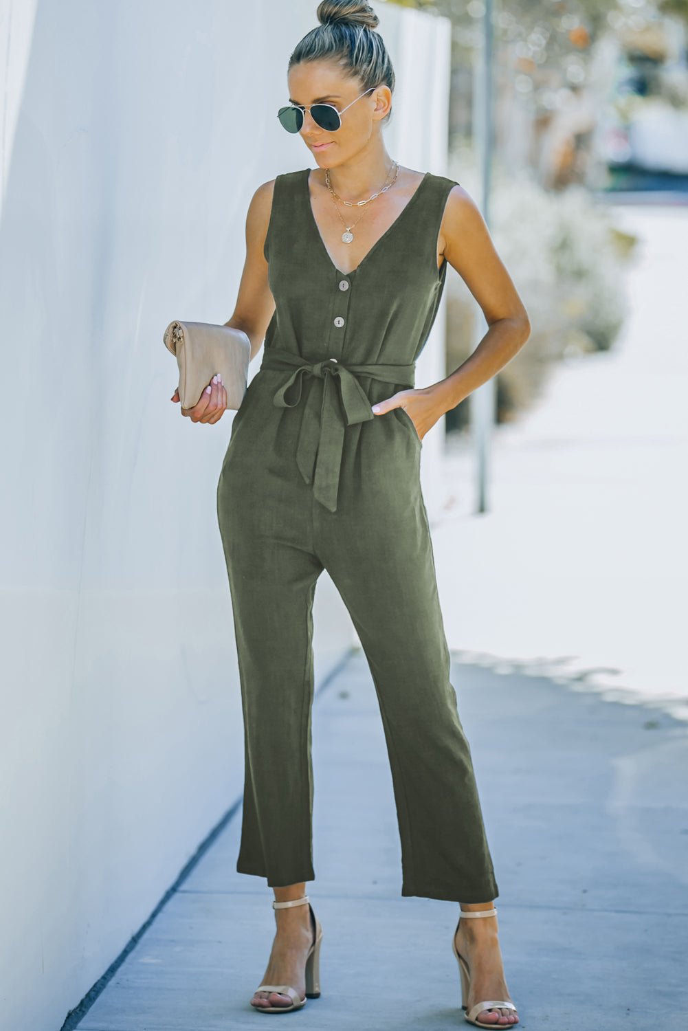 Belted V-Neck Sleeveless Jumpsuit with Pockets - Shah S. Sahota