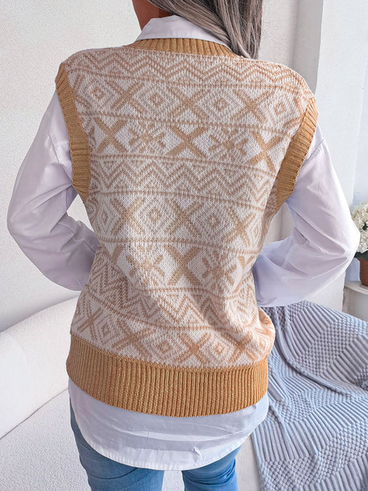 Geometric V-Neck Capped Sleeve Sweater Vest - Shah S. Sahota
