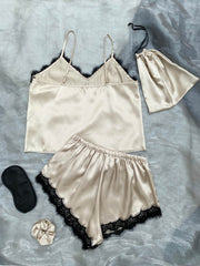 Lace Trim Cami, Shorts, Eye Mask, Scrunchie, and Bag Pajama Set - Shah S. Sahota