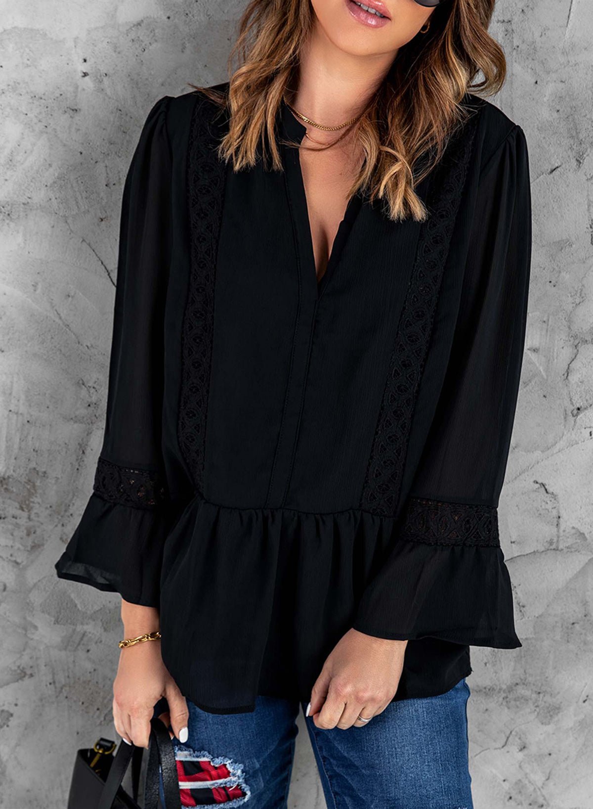 Lace Trim Flounce Sleeve Peplum Blouse - Shah S. Sahota