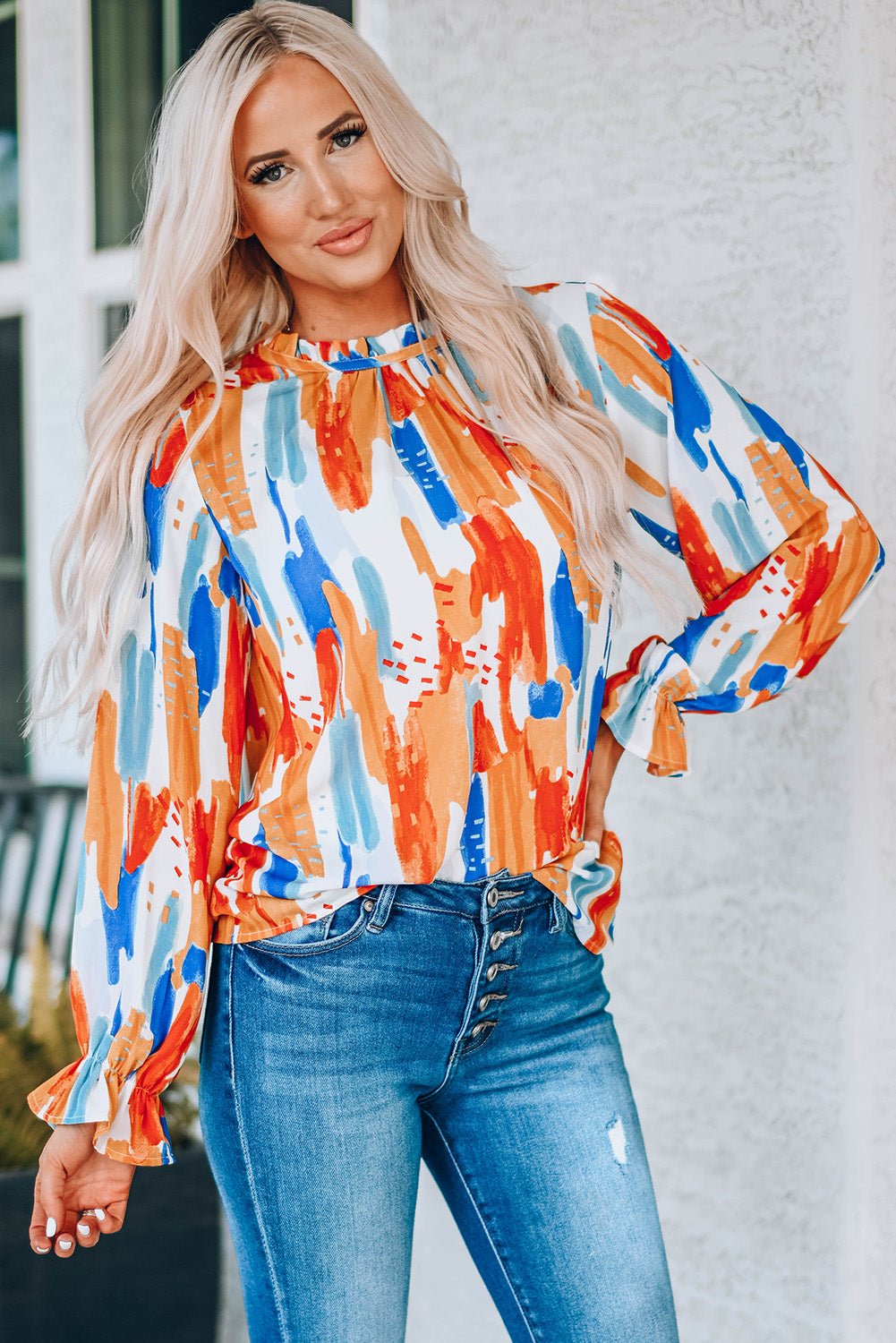 Paint Print Ruffle Collar Flounce Sleeve Top - Shah S. Sahota