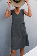 V-Neck Frill Trim Sleeveless Dress - Shah S. Sahota