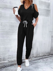 V-Neck Cold-Shoulder Jumpsuit with Pockets - Shah S. Sahota