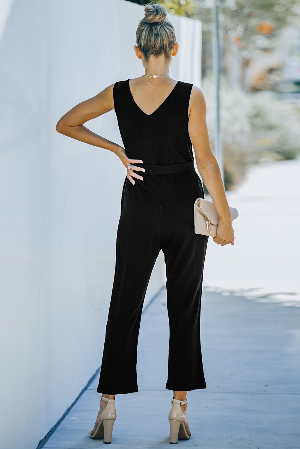 V-Neck Tie Waist Sleeveless Jumpsuit - Shah S. Sahota