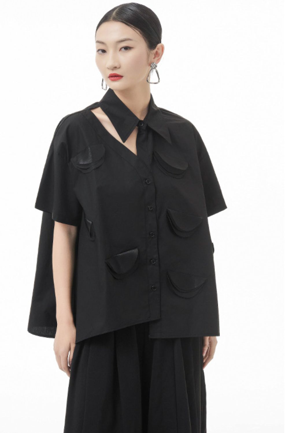 Cutout Pointed Collar Button Front Shirt - Shah S. Sahota
