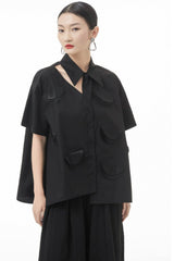Cutout Pointed Collar Button Front Shirt - Shah S. Sahota