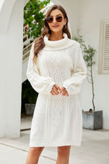 Mixed Knit Turtleneck Lantern Sleeve Sweater Dress - Shah S. Sahota