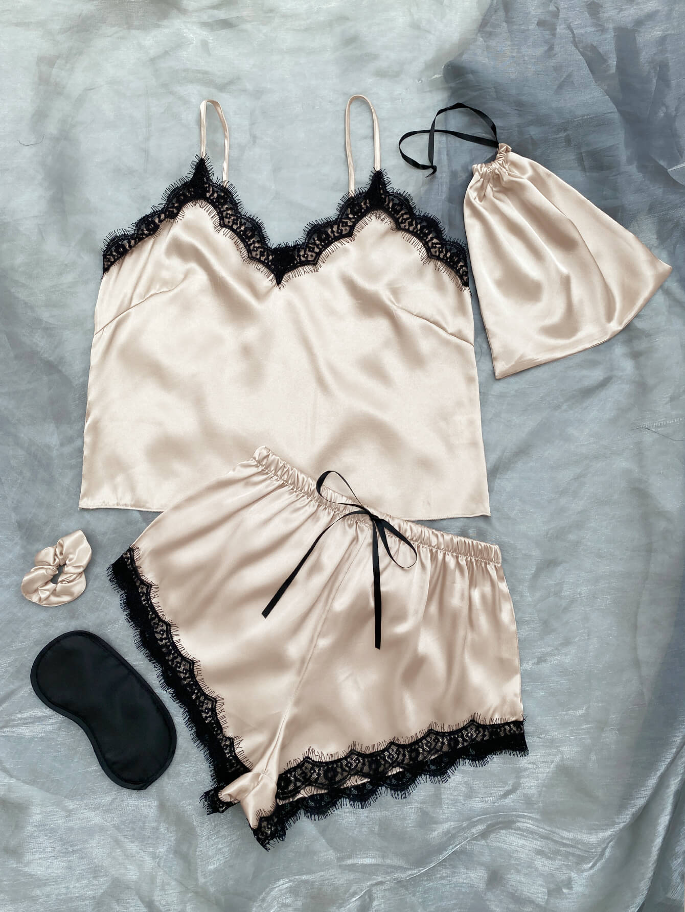 Lace Trim Cami, Shorts, Eye Mask, Scrunchie, and Bag Pajama Set - Shah S. Sahota