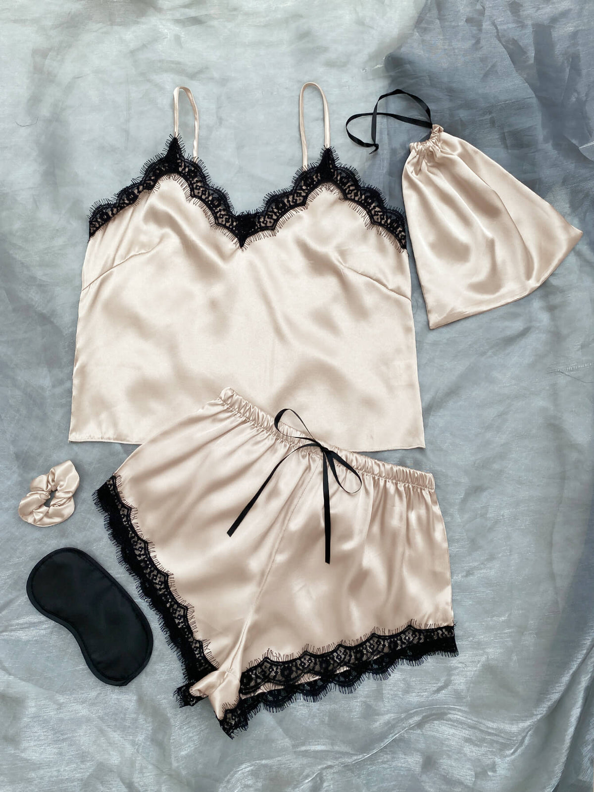 Lace Trim Cami, Shorts, Eye Mask, Scrunchie, and Bag Pajama Set - Shah S. Sahota
