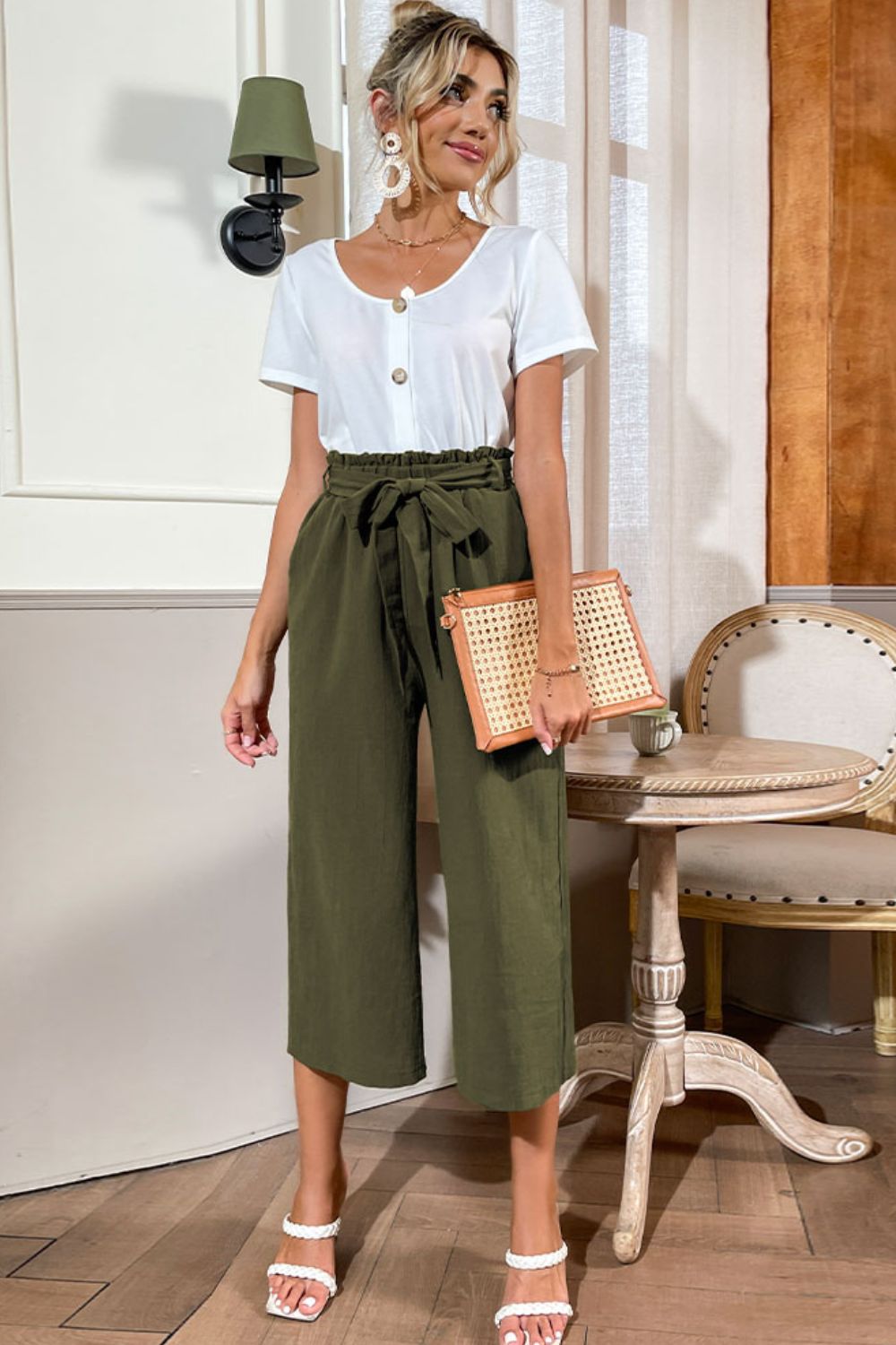 Round Neck Short Sleeve Top and Belted Pants Set - Shah S. Sahota