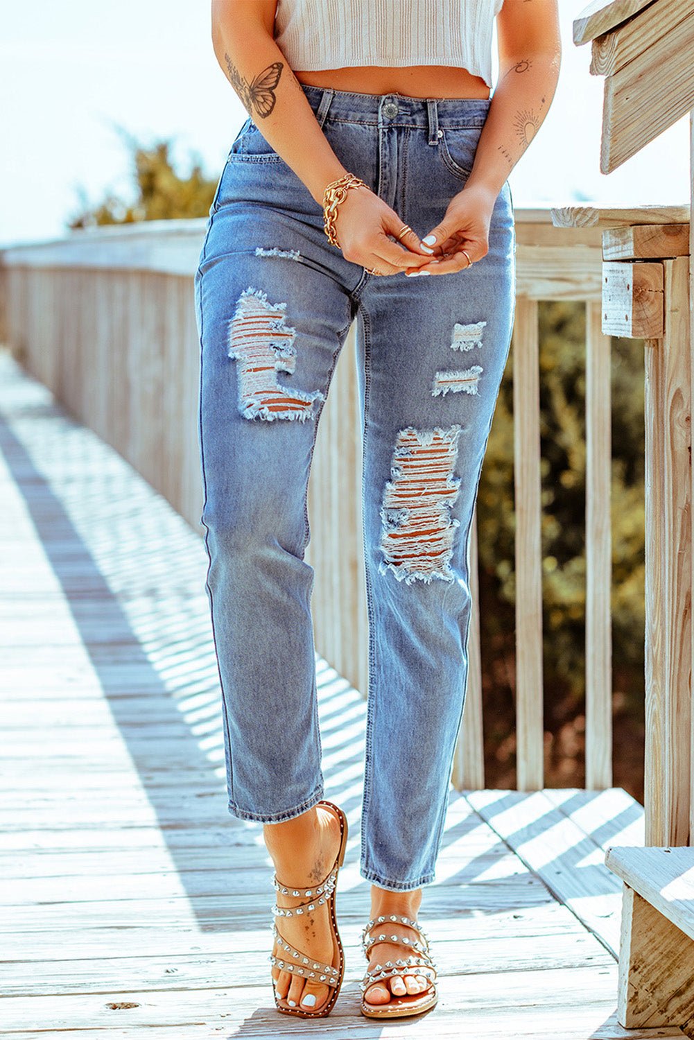 Distressed Ankle-Length Straight Leg Jeans - Shah S. Sahota