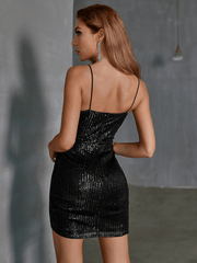 Surplice Neck Asymmetrical Hem Sequin Cami Bodycon Dress - Shah S. Sahota