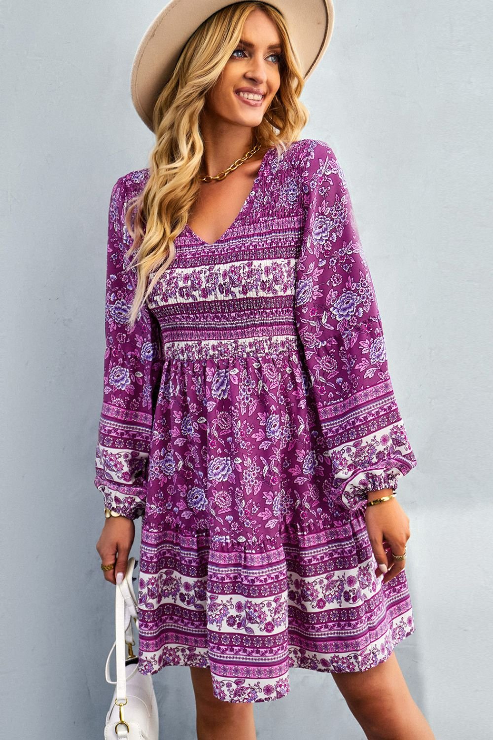 Bohemian V-Neck Balloon Sleeve Dress - Shah S. Sahota