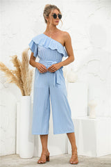 Asymmetric Neck Ruffle Trim Striped Jumpsuit - Shah S. Sahota