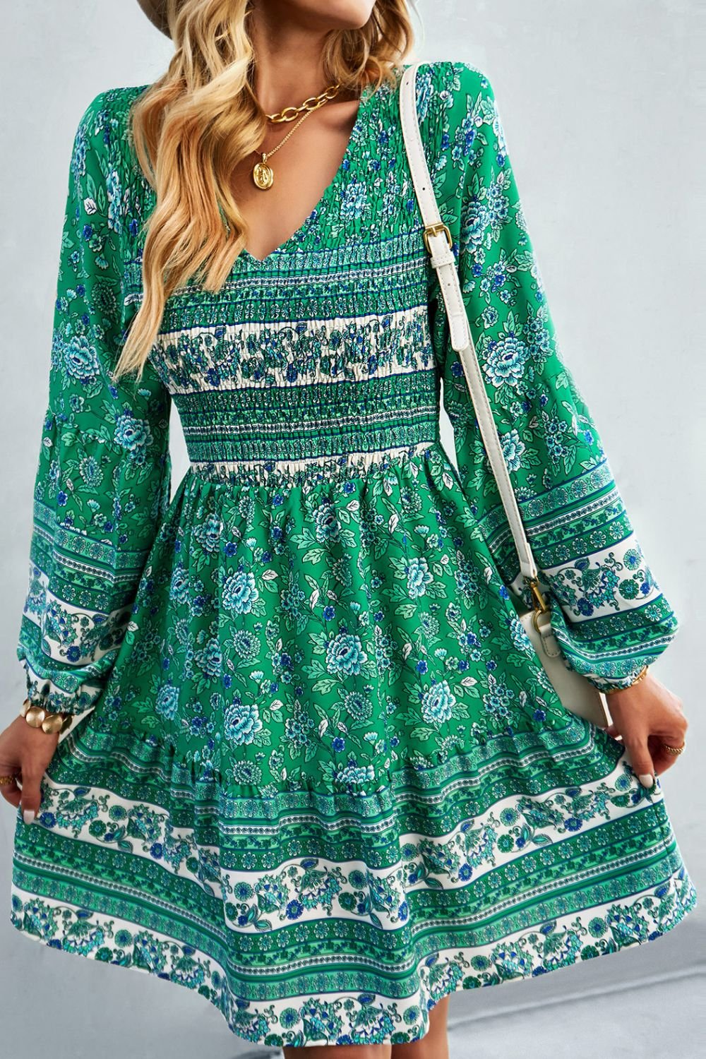 Bohemian V-Neck Balloon Sleeve Dress - Shah S. Sahota