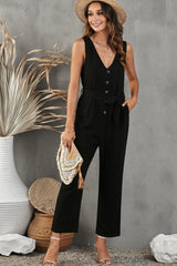 Belted V-Neck Sleeveless Jumpsuit with Pockets - Shah S. Sahota