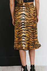 SHOPIRISBASIC Eye of the Tiger Satin Midi Skirt - Shah S. Sahota
