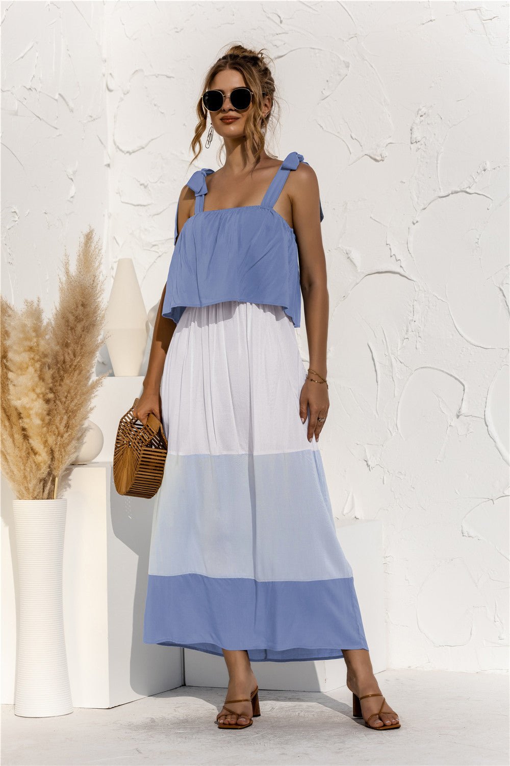 Color Block Tie Shoulder Tiered Sleeveless Dress - Shah S. Sahota