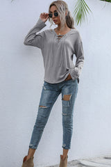 Lace-Up V-Neck Ribbed Top - Shah S. Sahota