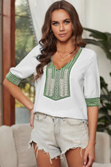 Deep V-Neck Embroidery Patch Blouse - Shah S. Sahota