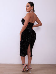 Sequin Strapless Ruched Back Slit Bodycon Dress