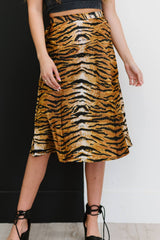 SHOPIRISBASIC Eye of the Tiger Satin Midi Skirt - Shah S. Sahota
