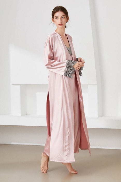 Contrast Lace Trim Satin Night Dress and Robe Set - Shah S. Sahota