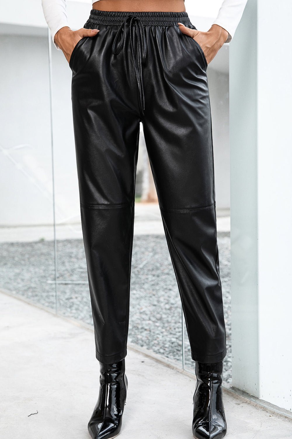 Seamed Elastic Waist PU Leather Pants - Shah S. Sahota