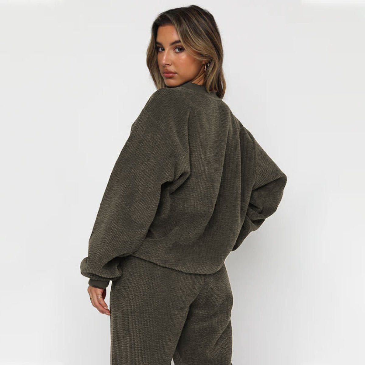 Corduroy Crew Neck Pullover Long Sleeve Sweatshirts & TiePants Two-Piece Sets - Shah S. Sahota