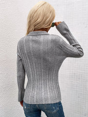 Buttoned Rib-Knit Collared Cardigan - Shah S. Sahota