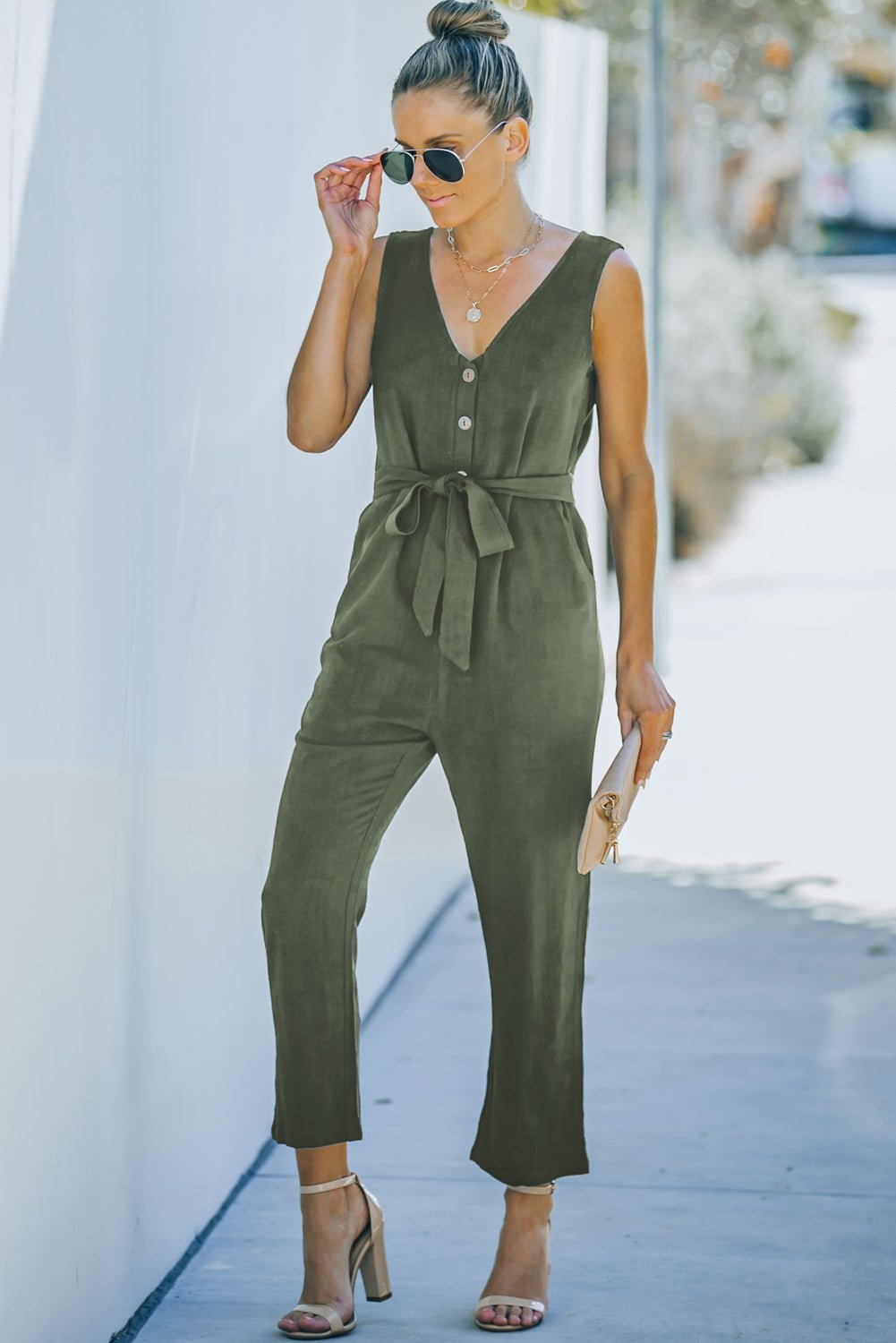 Belted V-Neck Sleeveless Jumpsuit with Pockets - Shah S. Sahota