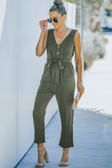 Belted V-Neck Sleeveless Jumpsuit with Pockets - Shah S. Sahota