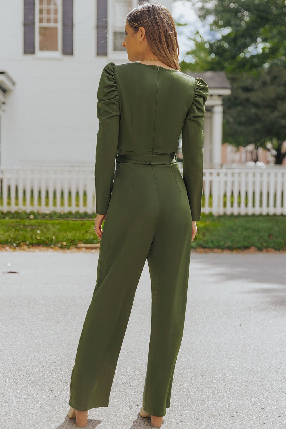 Belted Long Puff Sleeve V-Neck Jumpsuit - Shah S. Sahota