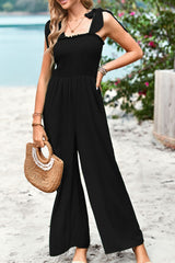 Frill Trim Tie Shoulder Wide Leg Jumpsuit with Pockets - Shah S. Sahota