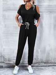 V-Neck Cold-Shoulder Jumpsuit with Pockets - Shah S. Sahota