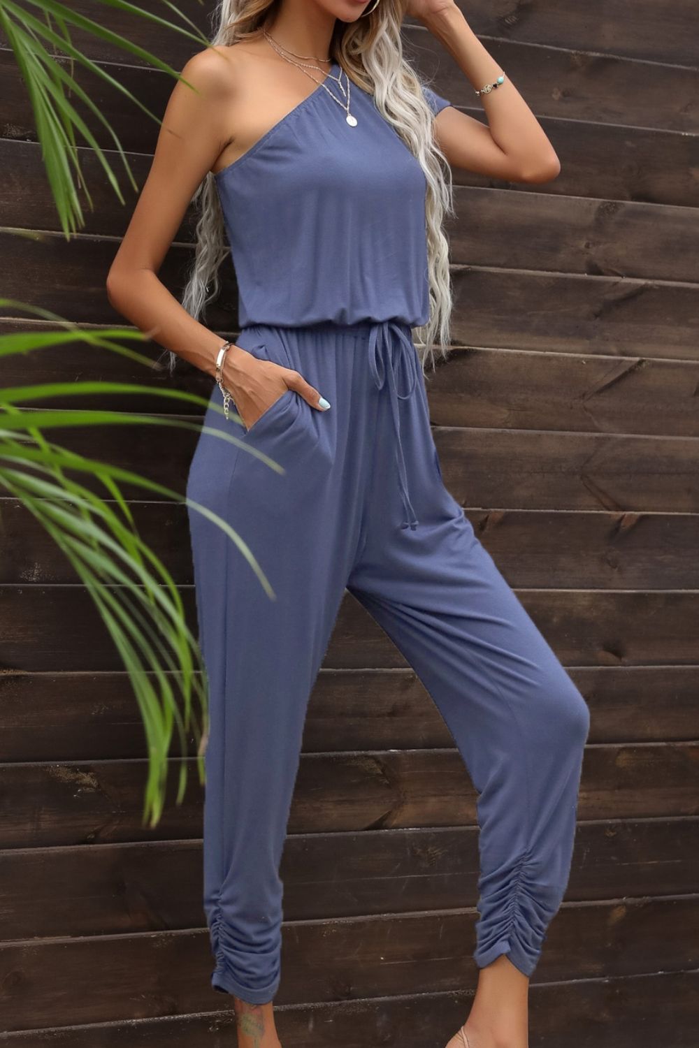Drawstring Waist One-Shoulder Jumpsuit with Pockets - Shah S. Sahota