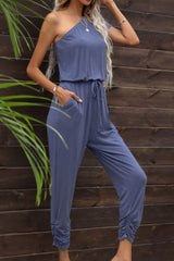 Drawstring Waist One-Shoulder Jumpsuit with Pockets - Shah S. Sahota