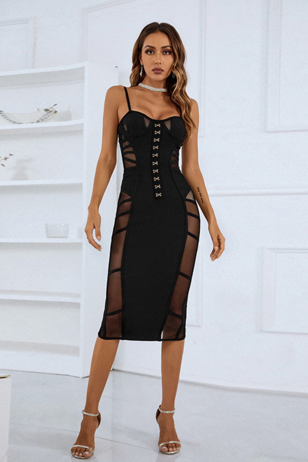 Spaghetti Strap Spliced Mesh Slit Back Dress - Shah S. Sahota