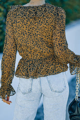 Leopard Ruffled V-Neck Peplum Blouse - Shah S. Sahota