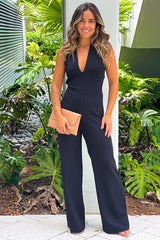 Black V Neck Crisscross Back Wide Leg Jumpsuit