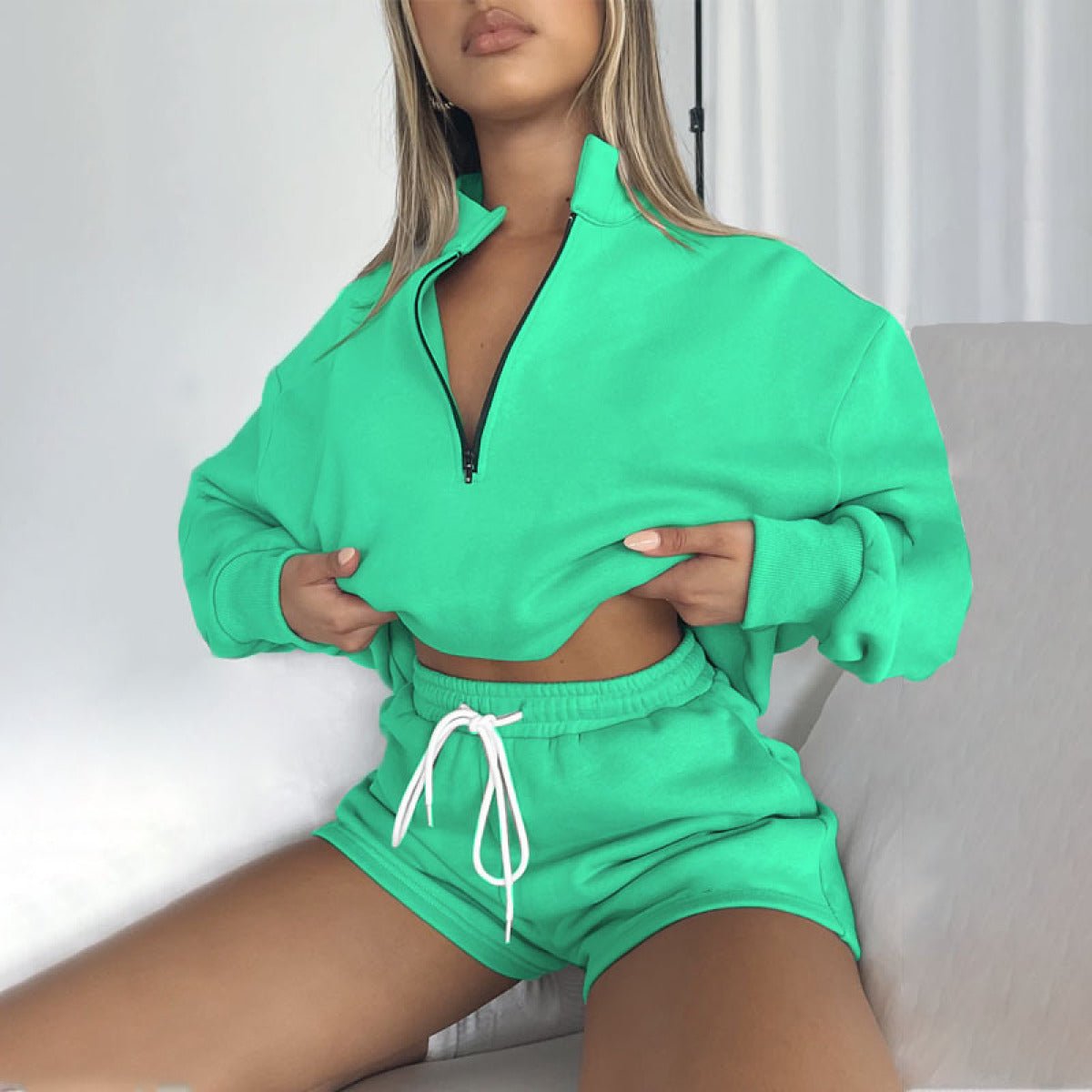 Stand-Up Collar Zipper Pullover Long-Sleeved Sweatshirts & Tie Shorts Lounge Sets - Shah S. Sahota