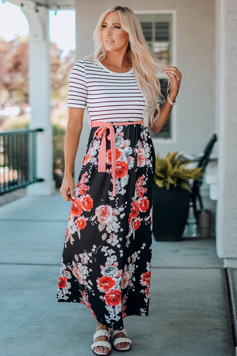 Belted Short Sleeve Maxi Dress - Shah S. Sahota