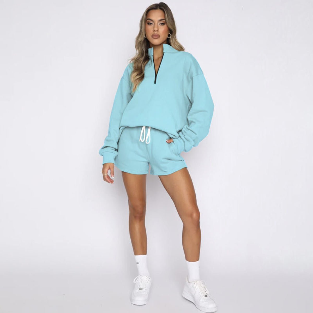 Stand-Up Collar Zipper Pullover Long-Sleeved Sweatshirts & Tie Shorts Lounge Sets - Shah S. Sahota