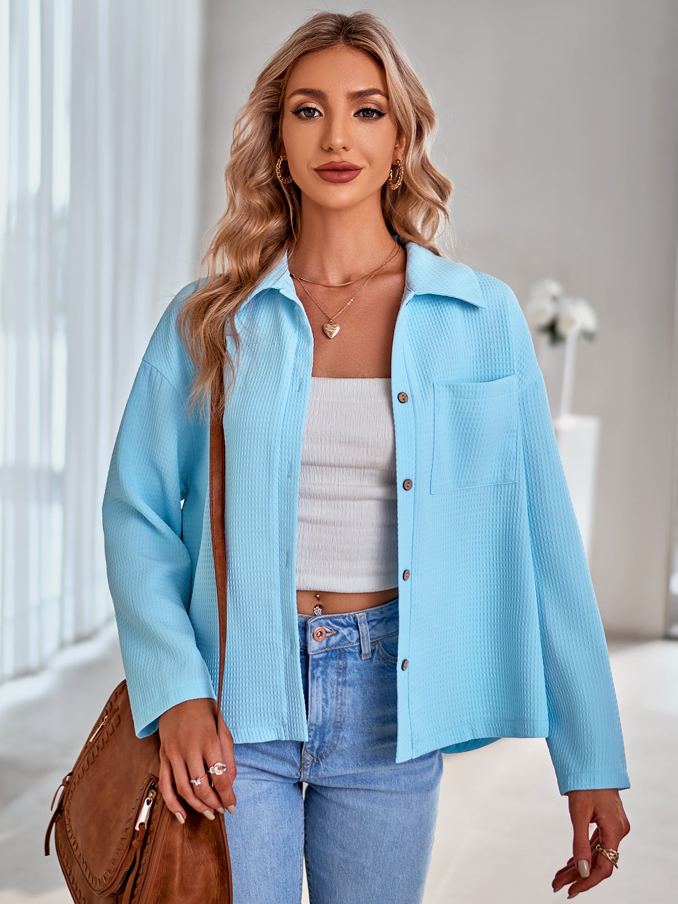 Waffle-Knit Button Up Shirt Jacket - Shah S. Sahota