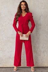 Belted Long Puff Sleeve V-Neck Jumpsuit - Shah S. Sahota