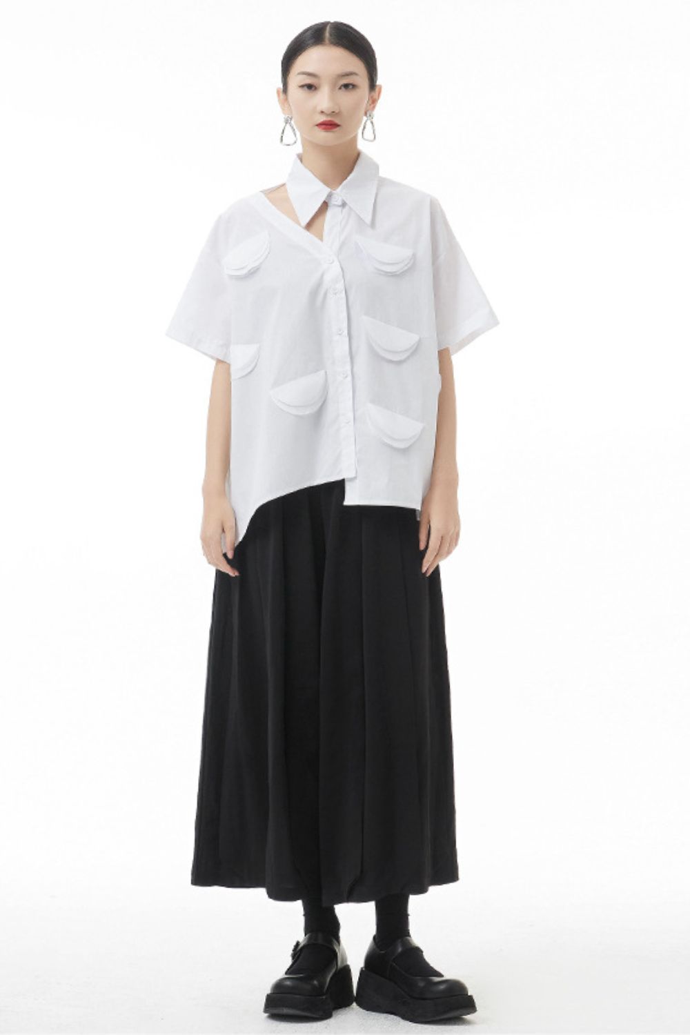 Cutout Pointed Collar Button Front Shirt - Shah S. Sahota