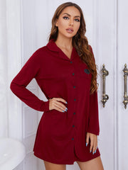 Heart Graphic Lapel Collar Long Sleeve Night Dress - Shah S. Sahota