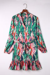 Abstract Print Belted Ruffle Hem Dress - Shah S. Sahota